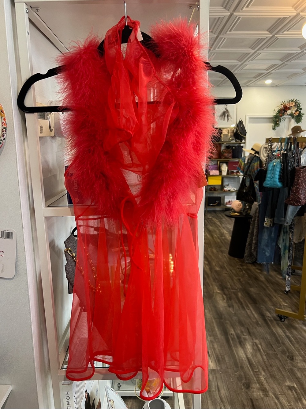 Vintage Blanche Red faux Feather-Trim Sheer Chemise with matching panties